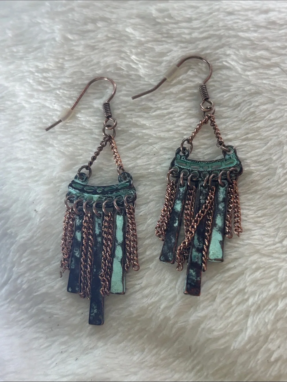 Vintage Style Copper & Turquoise Dangle Fringe Earrings - Unbranded